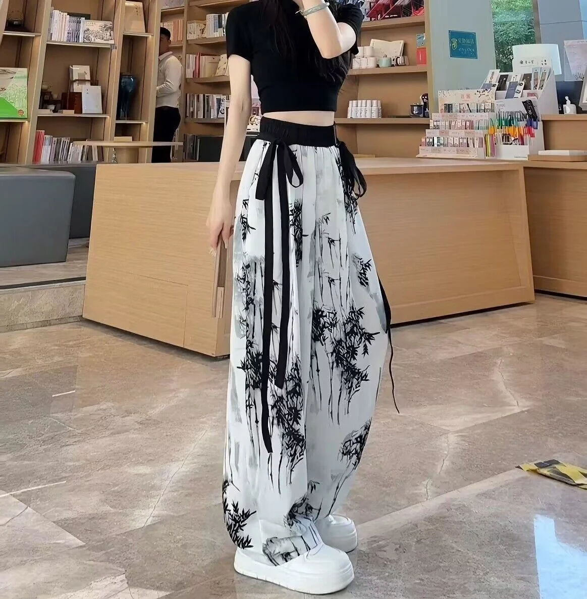 Women's Thin Casual Ice Silk Chiffon Wide Leg Pants 2025 Summer New Style Strap Drop Straight Tube Floor Trousers Korean Women