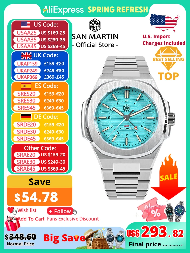 

San Martin Mens Watch New 43mm GMT Classic Business Luxury Automatic Mechanical Watches for Men Sapphire 10Bar BGW-9 Luminous