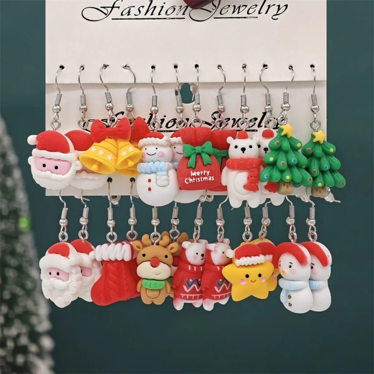 6 Paar/Set Weihnachts-Ohrringe aus Kunstharz mit Schleifen, Lebkuchenmann, Weihnachtsbaum, Schneemann, Pinguin, Weihnachtsmann für Damen, Weihnachtsschmuck – Detail 27