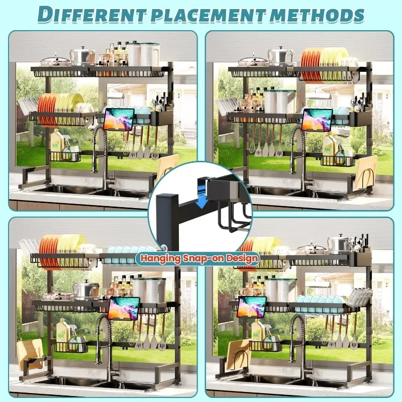 Estante para secar platos sobre el fregadero (altura y longitud extensibles) diseño a presión estante para platos grande de 2 niveles