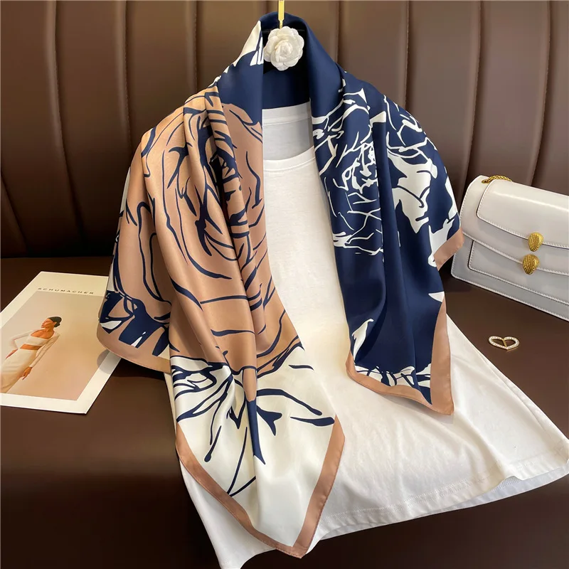

Rose Flowers Luxury 90cm Twill Satin Women Scarf Sunscreen Foulard Shawl Hijab Female Hair Hijab Wraps Neckerchief Bandanda
