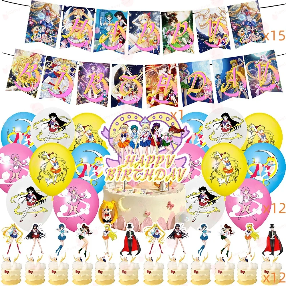 40Pcs Sailor Moon Birthday Party Decorations Anime Theme Party Supplies Banner Cake Topper Balloons for Girls Kids