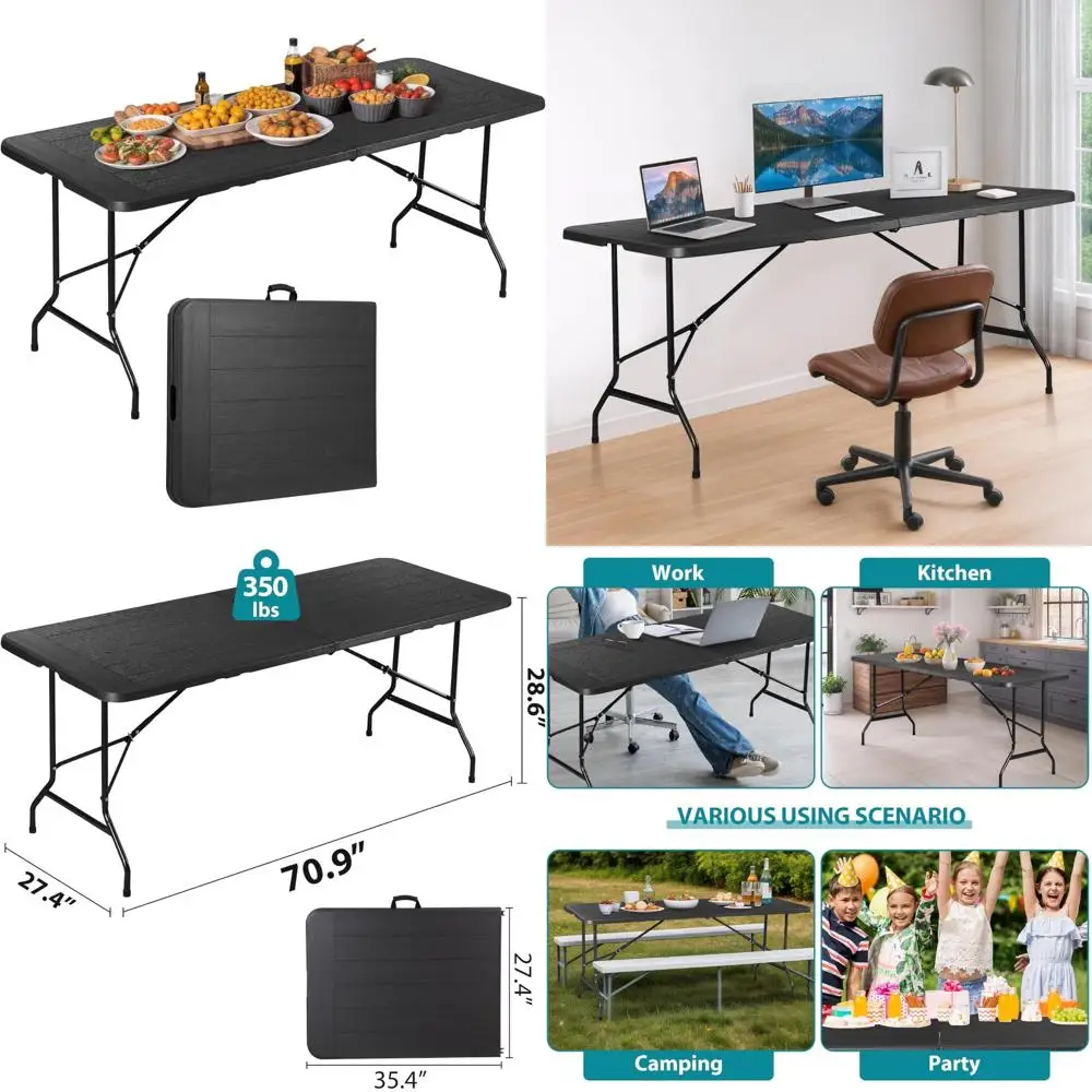 โต๊ะปิกนิกพับได้แบบพกพา 6 ฟุต โต๊ะรับประทานอาหารสำหรับงานปาร์ตี้ในร่มกลางแจ้งพร้อมที่จับ สีดำ 71 x 27