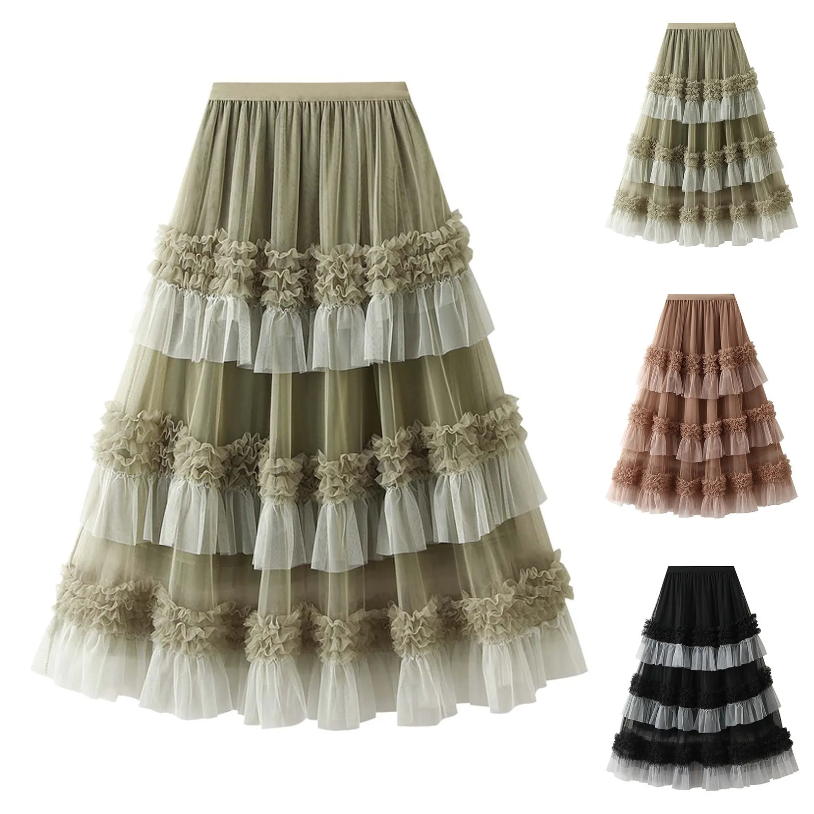 High-Waisted Slimming Elastic Waist Color Block Midi Skirt Puffy Pleated Design Long Dress Net Yoke Cake Skirt For Women