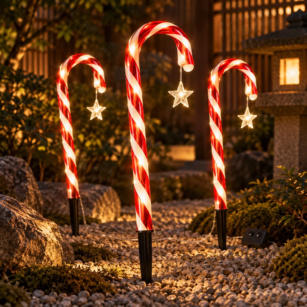 Solar Christmas Candy Cane Ground Stake Lights, Striped Cane with Twinkling Star Pendant, Garden Pathway Xmas Landscape Lighting