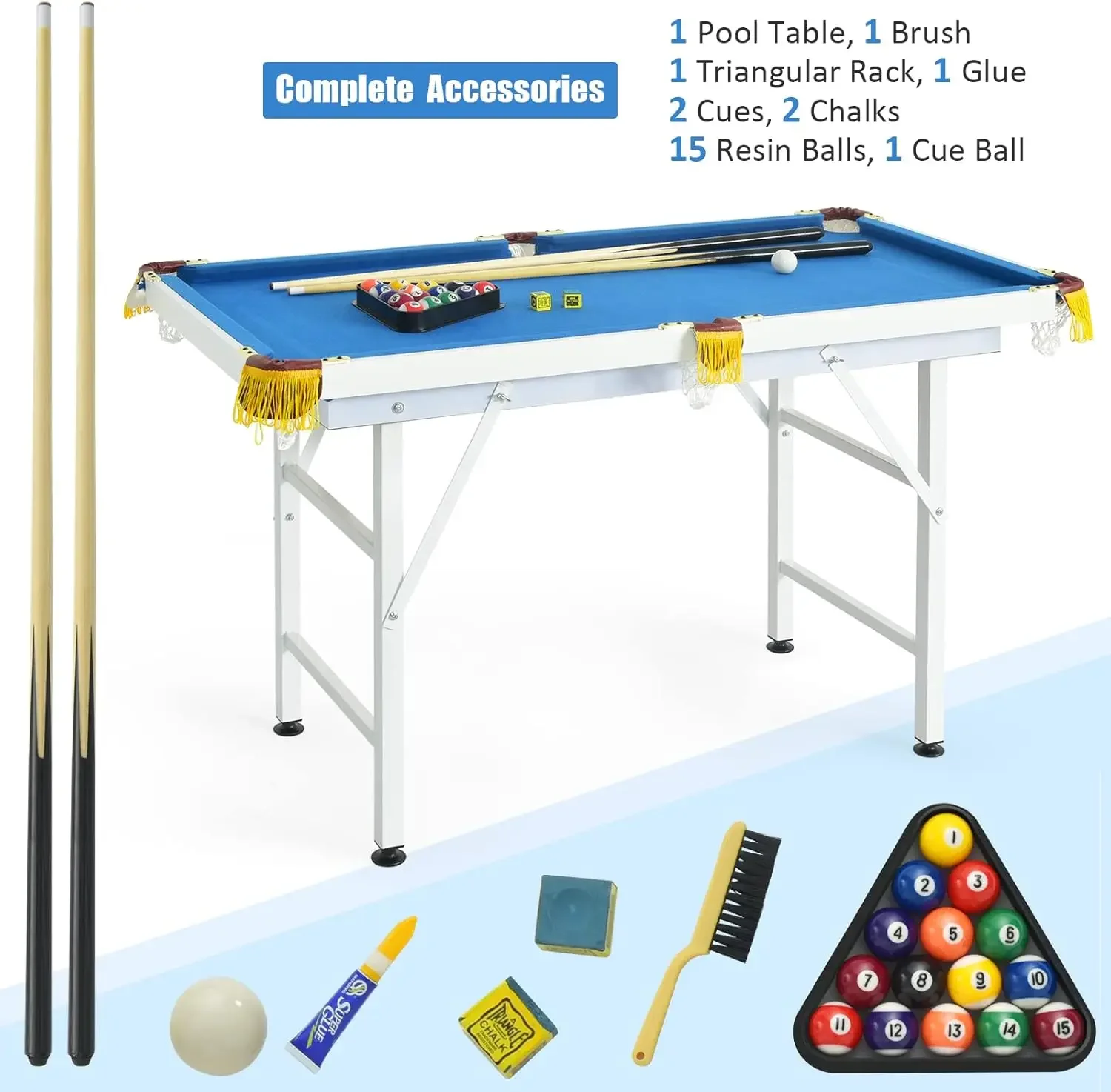 Pool Table, Foldable Billiards Table with 2 Cue Sticks, 16 Balls, Triangle, 2 Chalks, Brush, Portable Compact Folding