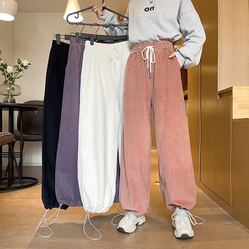 

Drawstring Sweatpants Women Fall Winter Loose High-Waisted Solid Padded Thick Wide-Legged Pants Basic Harajuku Warm Trousers