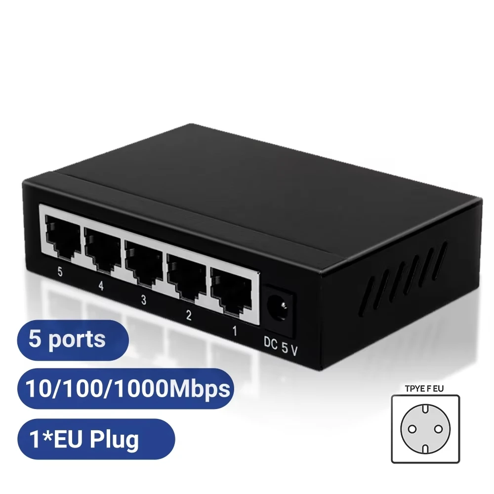 ZoeRax 5-Port-Gigabit-Ethernet-Switch, 10/100/1000 Mbit/s, RJ45-LAN-Splitter, Hochgeschwindigkeits-stabiler Netzwerk-Hub für IP-Kameras im Home Office