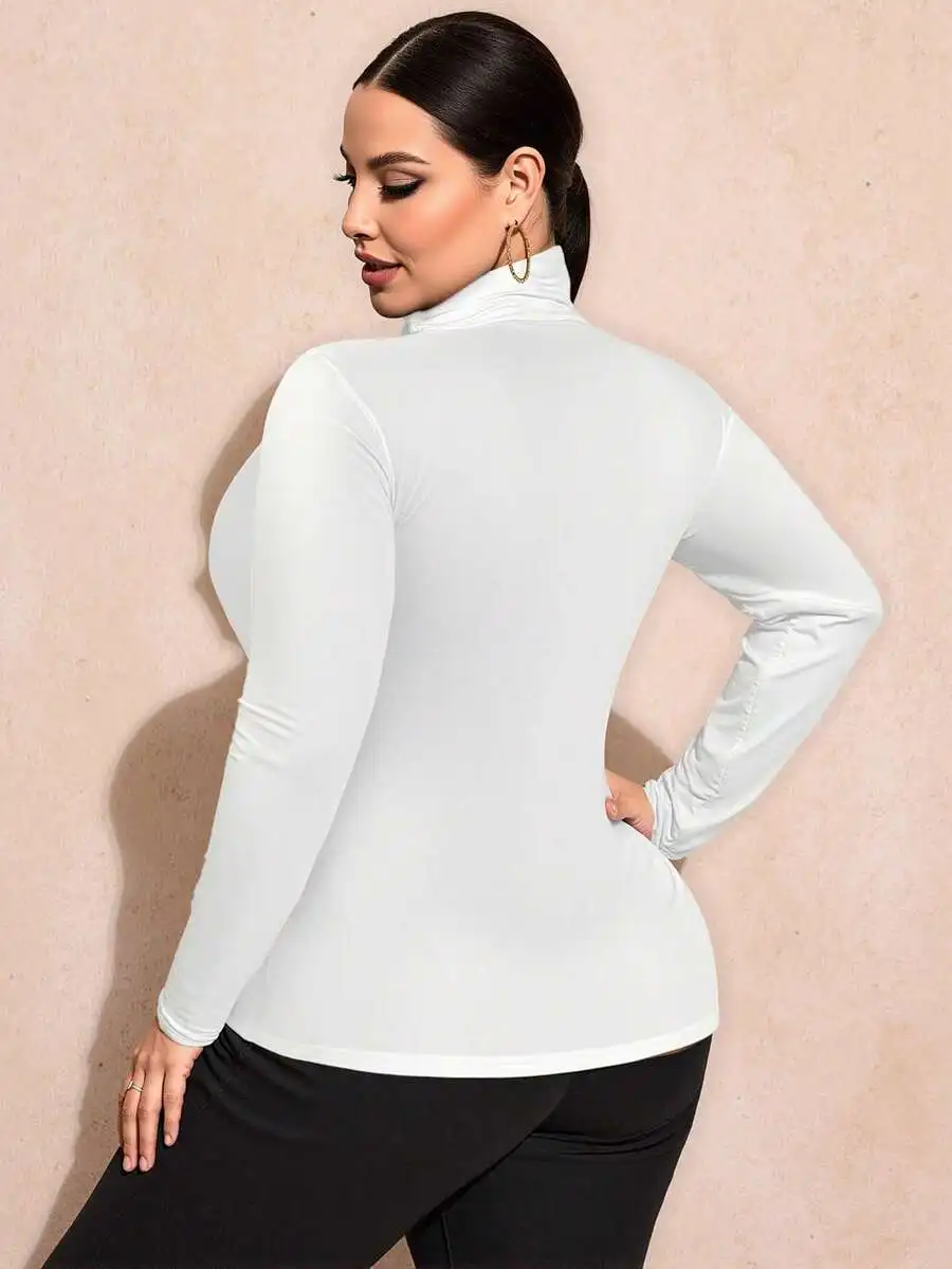 

Plus Size Solid Color Slim Fit High Neck Long Sleeve T-Shirt For Women