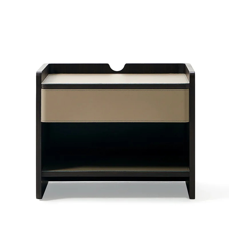 Minimalist solid wood bedside table Light luxury saddle leather bedside cabinet High-grade smoky color bucket cabinet
