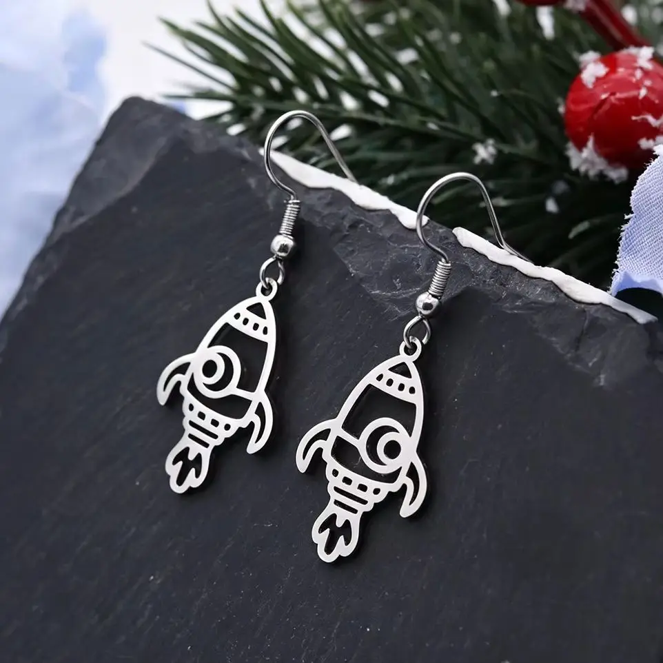 Chandler 1 Pair Hollow Rocket Spaceship Long Drop Earrings Stainless Steel Space Themed Earrings Women Valentine Jewelry Gift