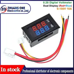 Voltímetro Amperímetro Digital Duplo com Display LED, Amplificador vermelho e azul, Indicador de tensão, DC 0-100V, 10A