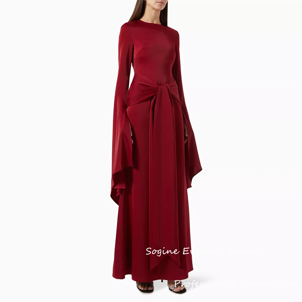 

Simple Satin Long Prom Dresses 2025 O-Neck Full Sleeve Party Gowns With Knot High-Quality Crepe فساتين سهرة Ankle-Length Gown