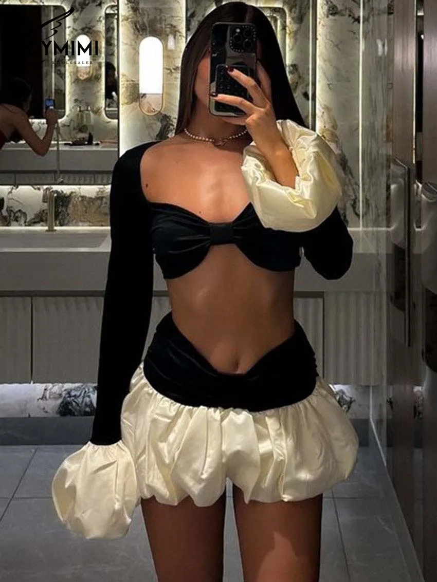 Oymimi موضة الساتان الأسود 2 قطعة مجموعات ملابس امرأة أنيقة طويلة الأكمام المرقعة سستة المحاصيل القمم ومطوي التنانير الصغيرة مجموعة