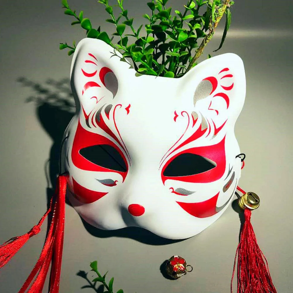 Japanese Style Anime Fox Mask With Tassels And Small Bells Upper Half Face Covered For Adults Kids Masquerades Festival Costume