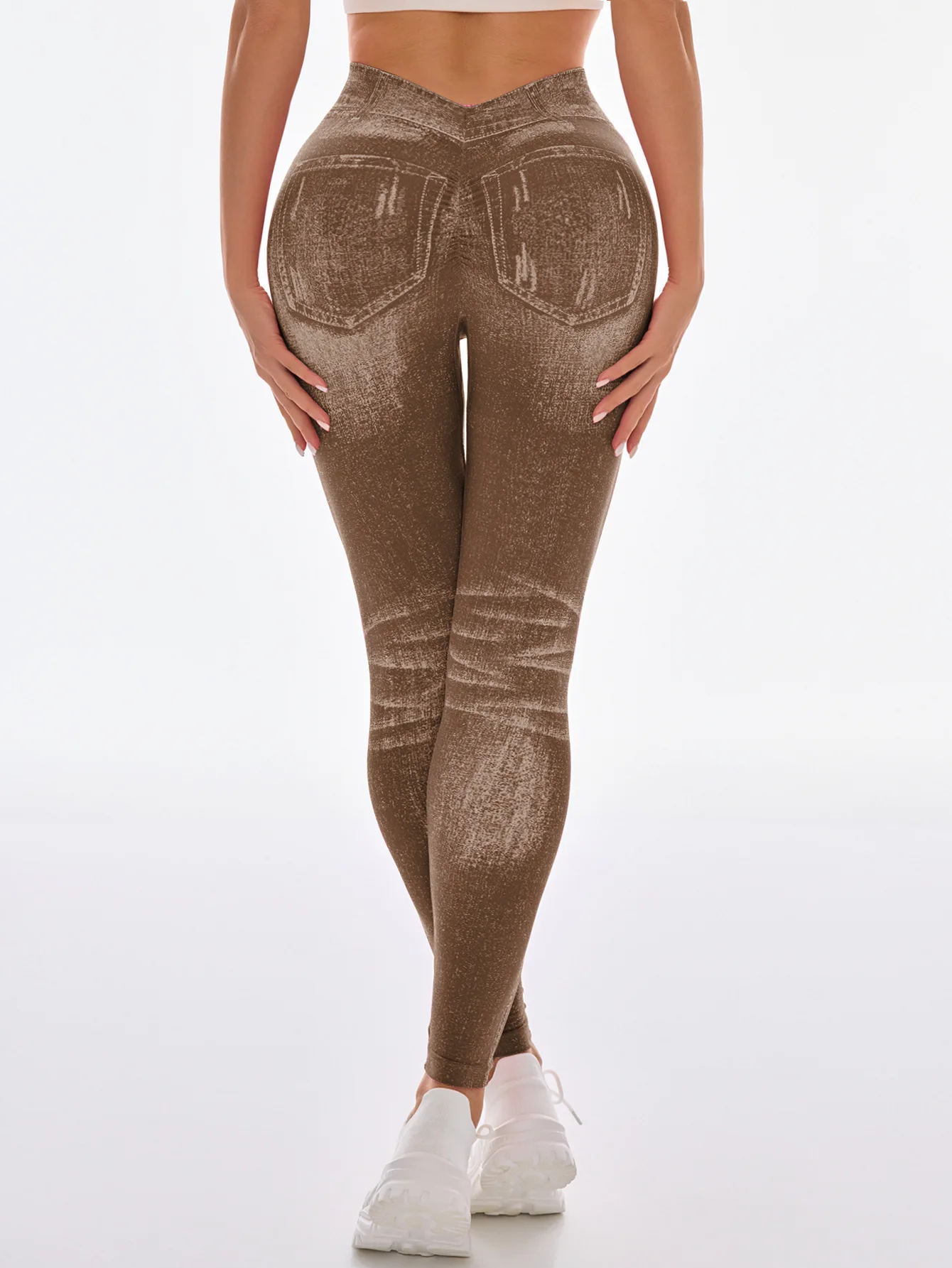 Damen Faux-Denim Nahtlose Yoga-Hose mit V-Rücken, Taillen- und Po-Lifting-Effekt, Hochelastische Schlanke Sport-Leggings, Modische Lauf- und Workout-Tights – Detail 26