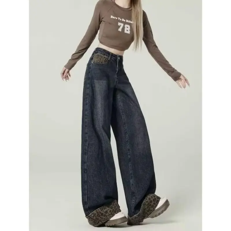

American retro high waisted wide leg jeans for women in the spring and autumn of 2025, new small and loose fitting straight leg