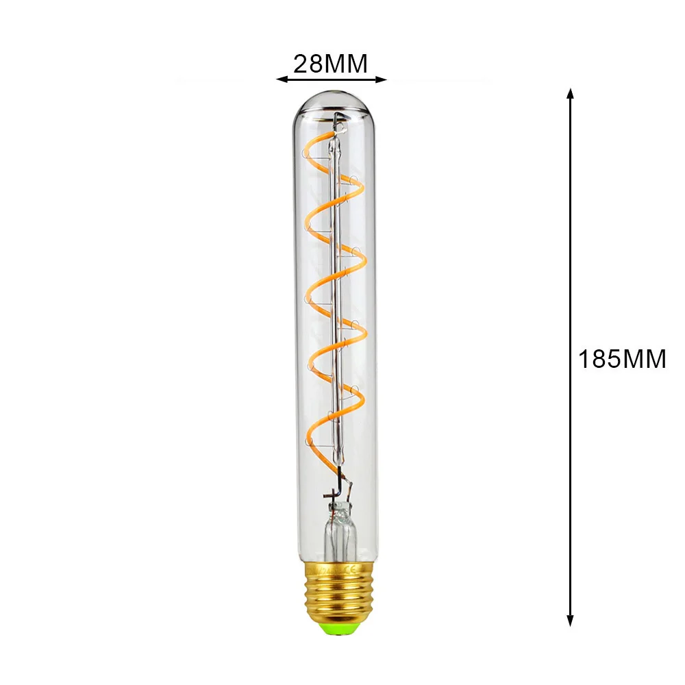 Imagem -05 - Tianfan-vintage Lâmpada Led Tubo Longo Edison Bulbo Regulável Filamento Espiral Luz Decorativa T28 4w 220v 110v E26 E27 185 Milímetros