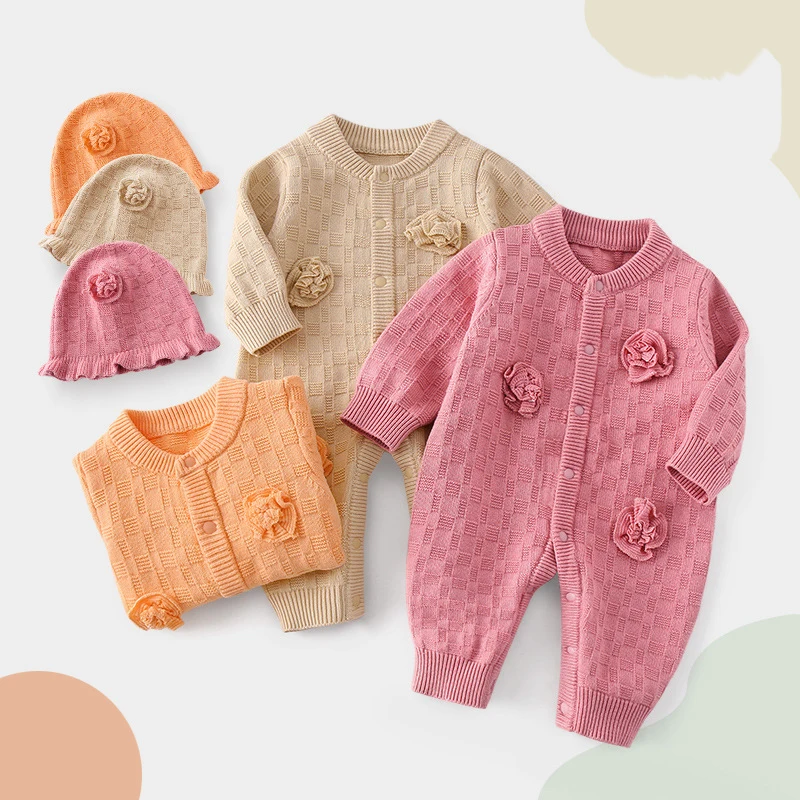 

Весенне-осенние комбинезоны для новорожденных девочек, 3D вязаные однотонные комбинезоны с цветочным принтом для маленьких девочек, боди с круглым вырезом для маленьких девочек + шапка