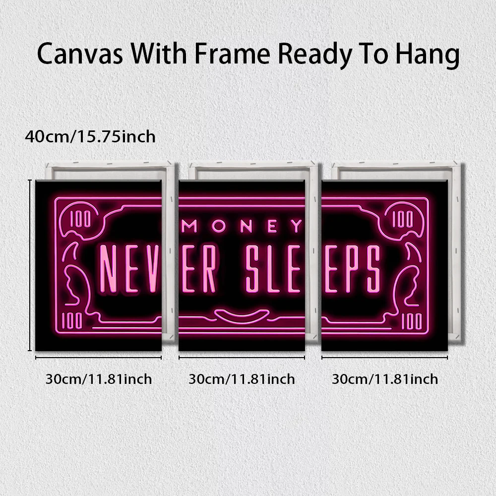 3pcs/Set Wooden Frame Canvas Wall Art, Neon Money Never Sleeps Quote Print, Living Room Bedroom Kitchen Office Home Decor - view 4