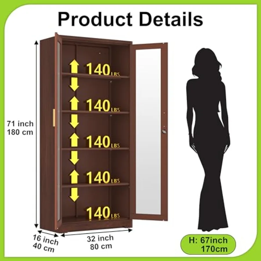 Display Cabinet with Glass Doors for Living Room, Wood Finish, Black, Adjustable Shelves and Locking Mechanism