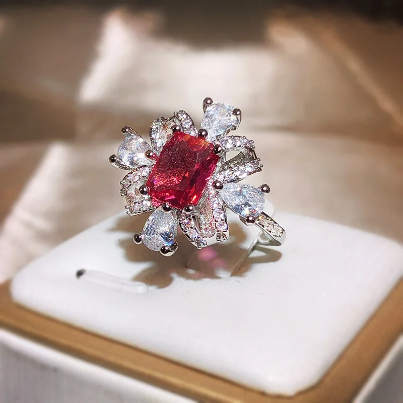 925 sterling silver high-end Fenda princess cubic zirconia high-end flower shaped daisy women's opening ring exquisite jewelry