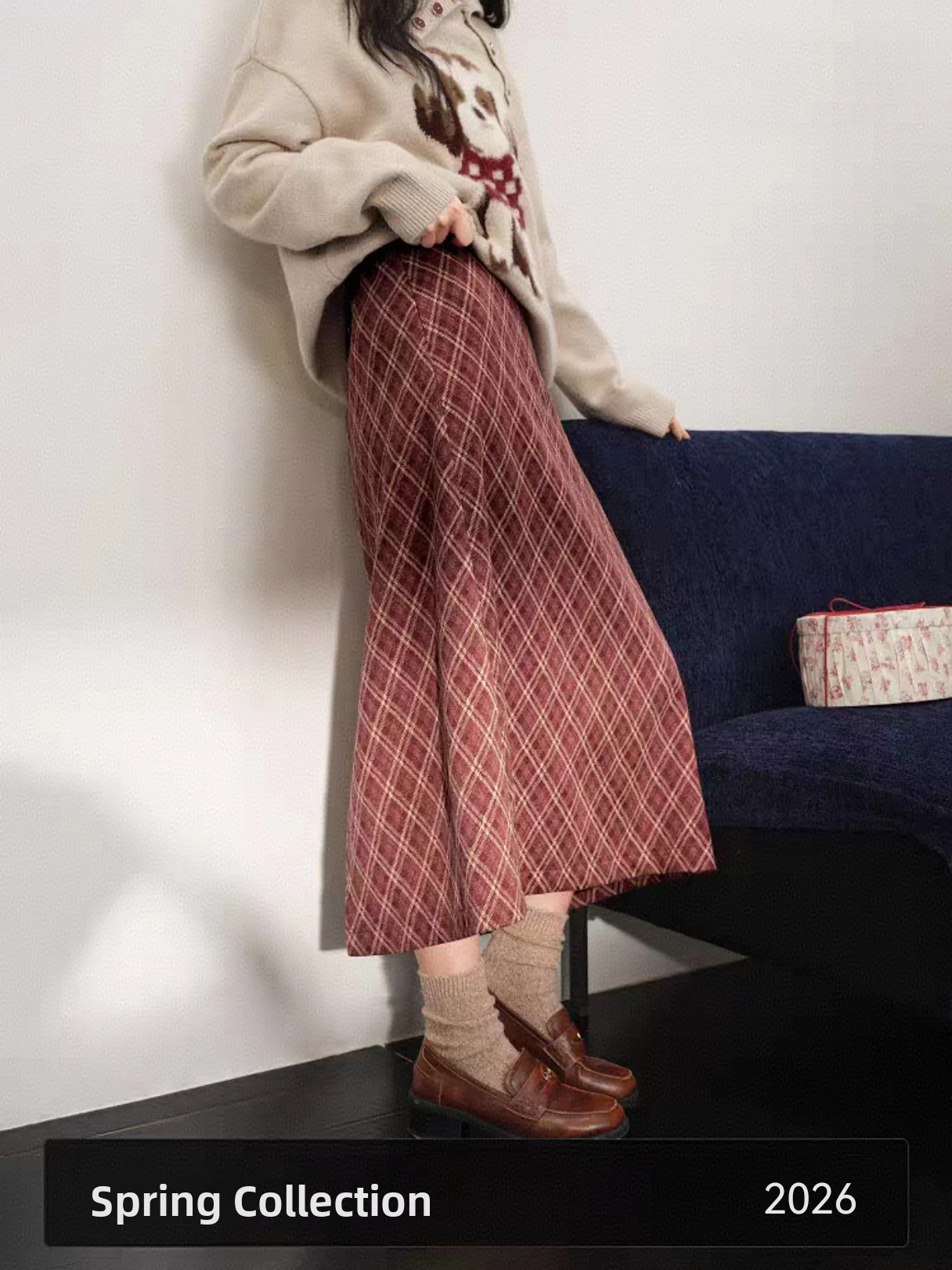 

Юбка трапециевидной формы с высокой талией, оранжево-красная клетчатая женская весна-осень, новинка, удобный для поездок на работу, простой дизайн с