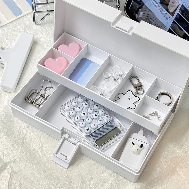 2-lagige Aufbewahrungsbox mit Klappdeckel und Gitterorganizer für Schreibwaren, Abzeichen, Nähzubehör, handgemachtes Journal, Schreibtischbehälter
