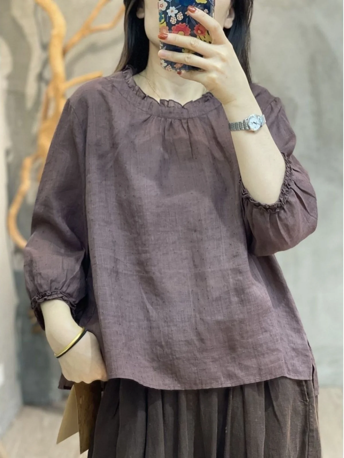Leinen irt Damen Loose Fit Seven-Vierter Sve Floral Spitzenkragen Casual Top Korean Sle Commute Faion Pure Color