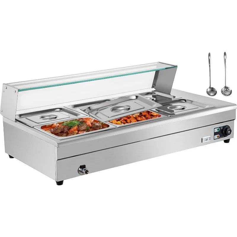 VEVOR-Réchauffeur d'aliments Bain Marie, Acier inoxydable de qualité alimentaire, Table à vapeur commerciale, 6 casseroles, 6 po de profondeur, 110V, 1/2 GN