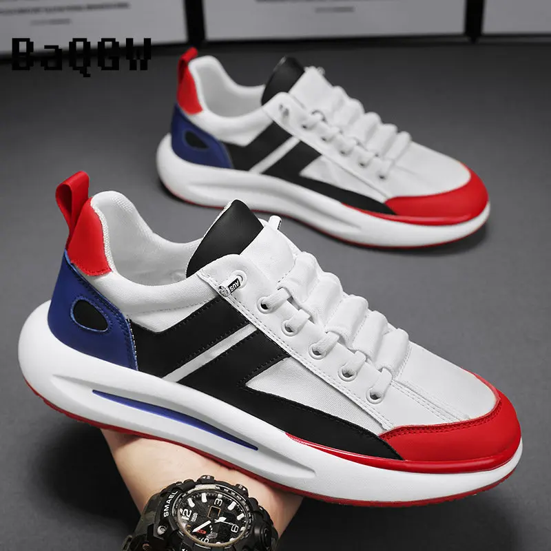 Chunky Sneakers Men Soft Sole Running Shoes Fashion Casual Leather Fabric Breathable Height Increased Flat Platform Board Shoes