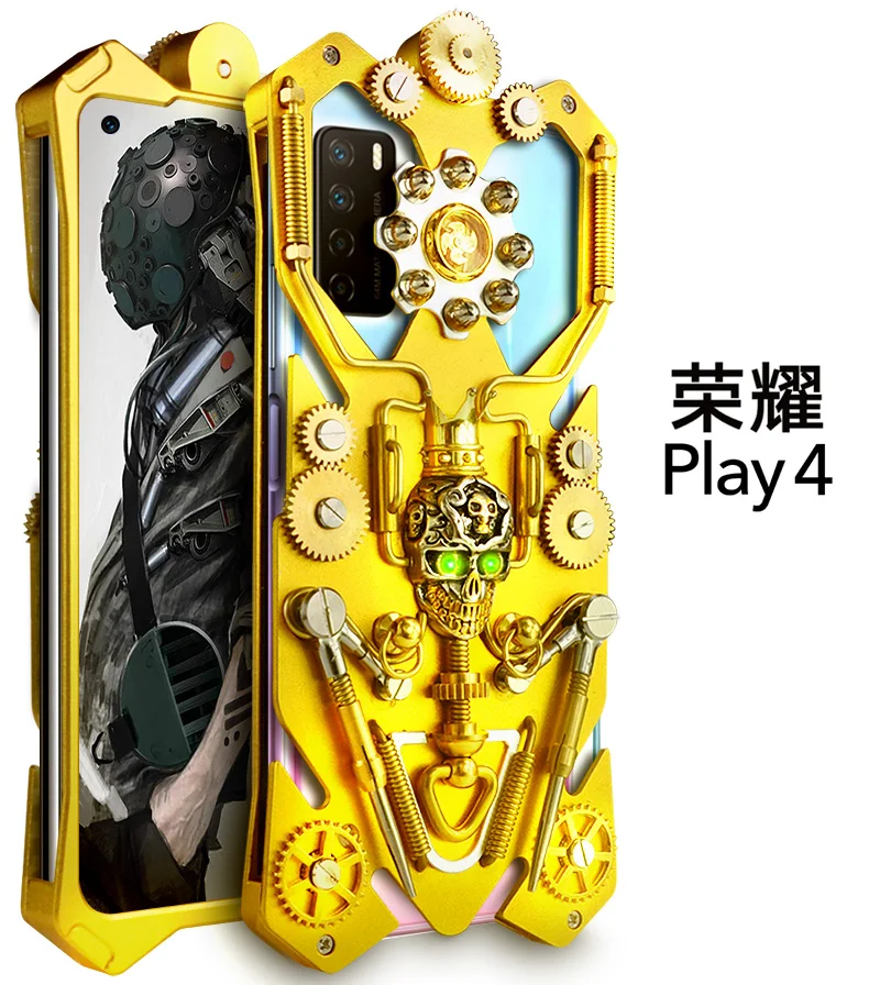 

Original Zimon Luxury Armor Metal Aluminum Phone Case For Huawei Honor Play 4 Play4 Mechanical Gear Purely Handmade Skull Shell