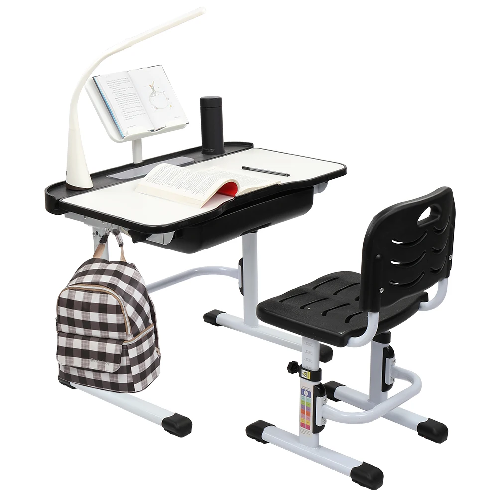 Children Learning Table And Chair Kid Study Desk Black 70CM Lifting Table Top Can Tilt With Reading Stand USB Interface Lamp