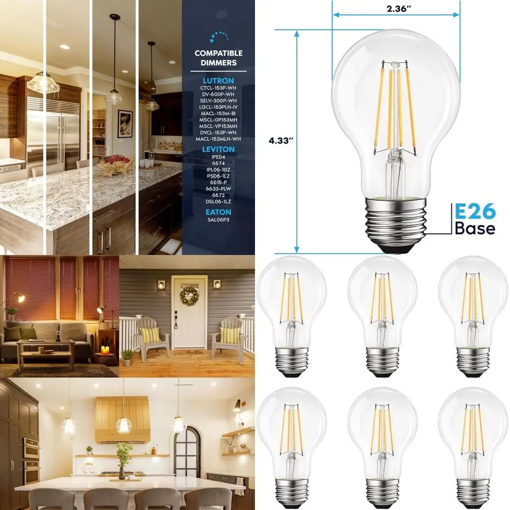 

60W Equivalent Vintage LED Bulbs, 800 Lumens, 2700K Warm White, Dimmable, 8W, Standard Edison, UL Listed, E26 Base, 6 Pack