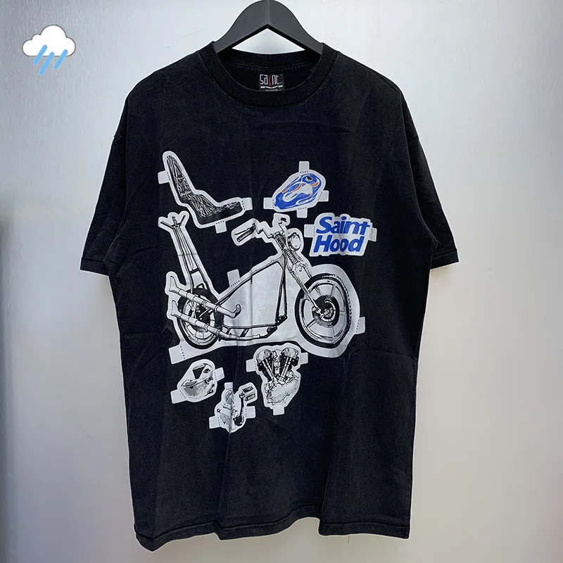 

24SS Hip Hop Oversized Short Sleeves Tee Motorcycle Pattern Print Saint T Shirt Vintage Washed Black T-Shirt Men Women