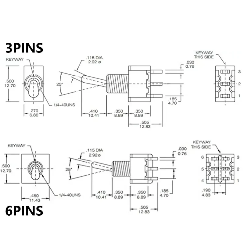 Interruptores de comutação em miniatura encaixável com 10 tamanhos azul de 3 pinos spdt on-on 6a 125vac