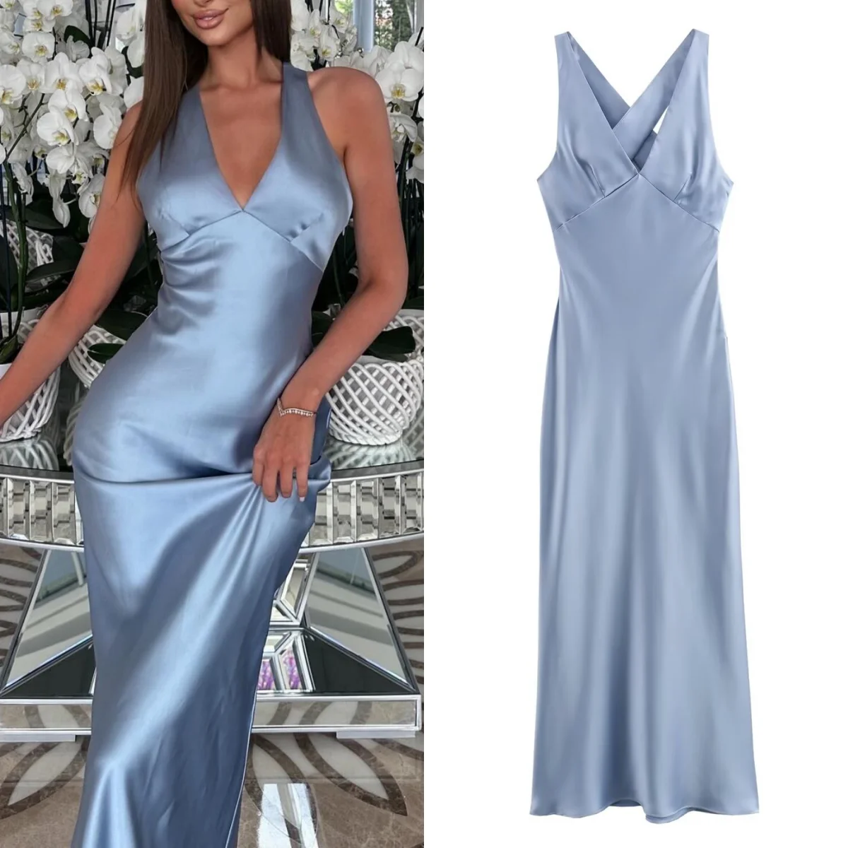  Blue Satin Long Dress Women Sleeveless Backless Midi Dress Women Elegant Party Evening Dress 2024 Summer Fashion