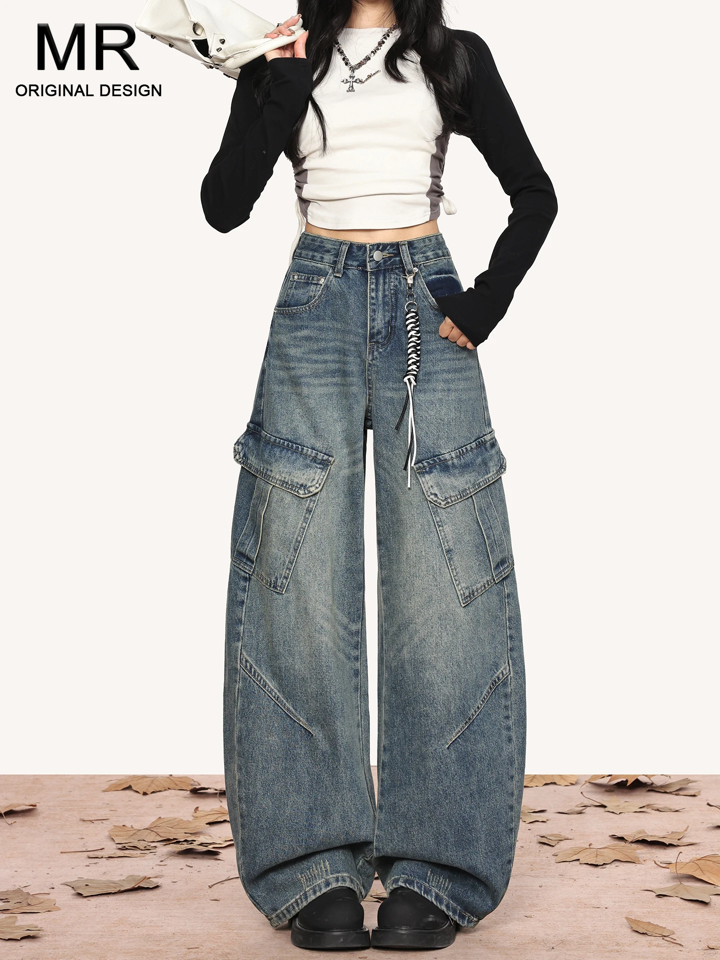 

Cool American Retro Women's Jeans Loose Floor-Length Casual Style Multi-Pocket Wide Leg Pants Summer Fashion plus Size