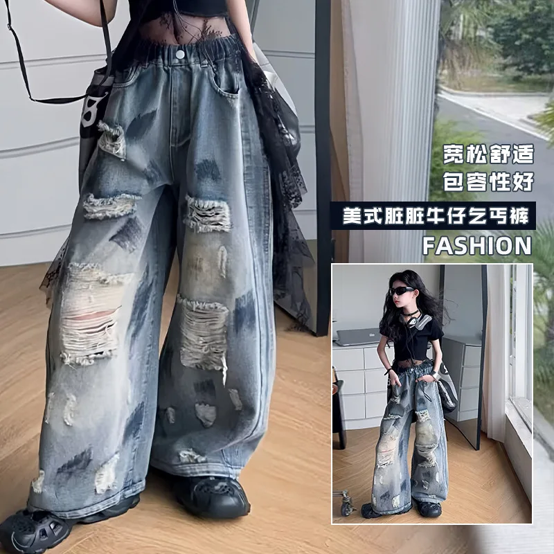 Girls' American-style Vintage Hip hop Ripped Graffiti Denim Pants Girl Summer Streetwear Trendy Design Loose Wide-leg Jeans