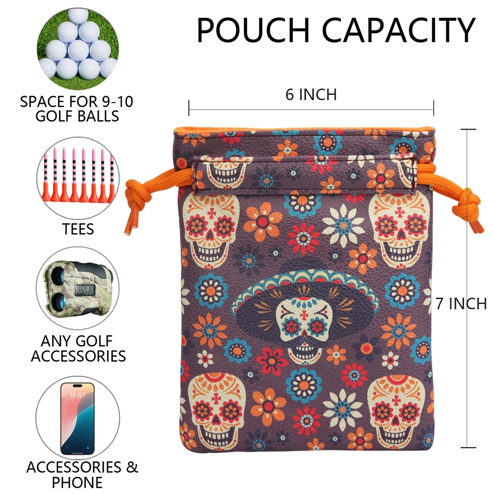 Faux Leather Various Pattern Printed Golf Valuables Bag with Drawstrings Tee Pouch