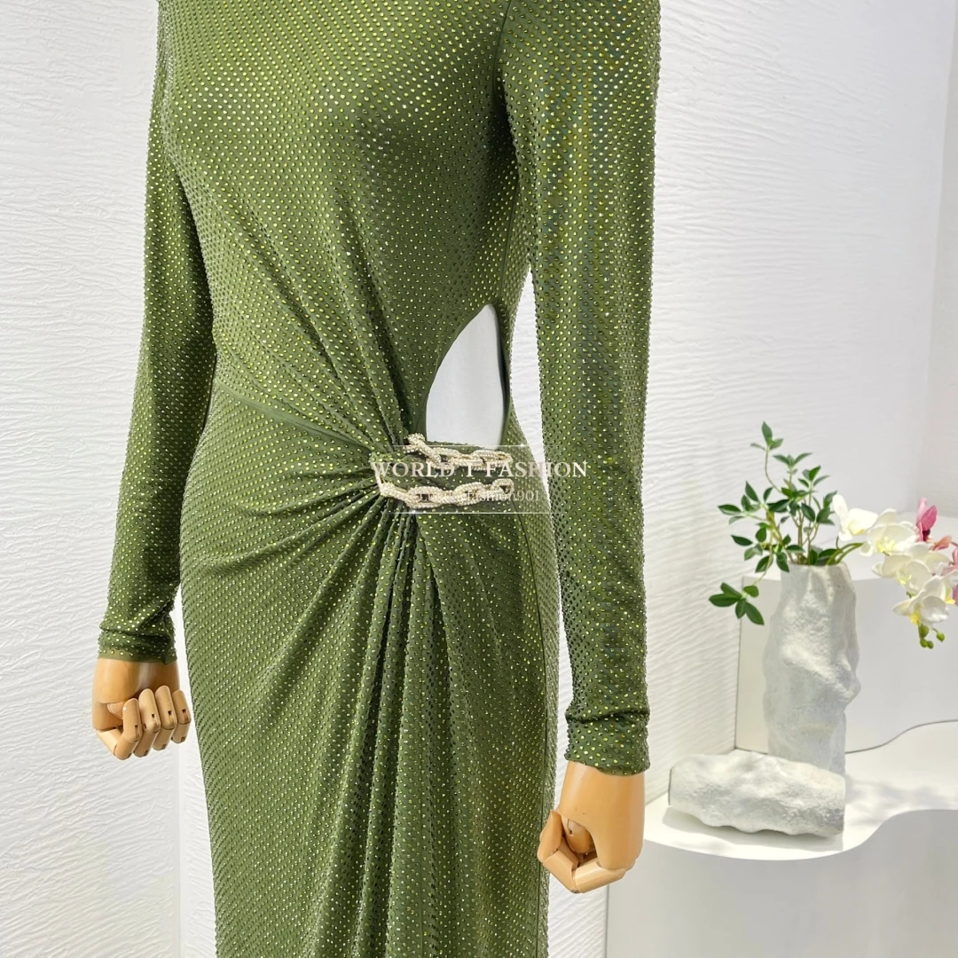 

2025 New Hight Quality Woman Clothes Green Long Sleeve Diamonds Pressed Slim Dresses Maxi for Party