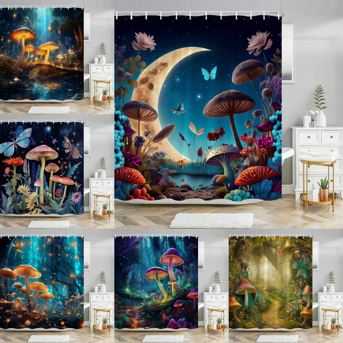 Fantasy Mushroom Shower Curtains Fairy Forest Tree Gothic Style Jungle Green Zen River Bathroom Decor Shower Curtain With Hooks