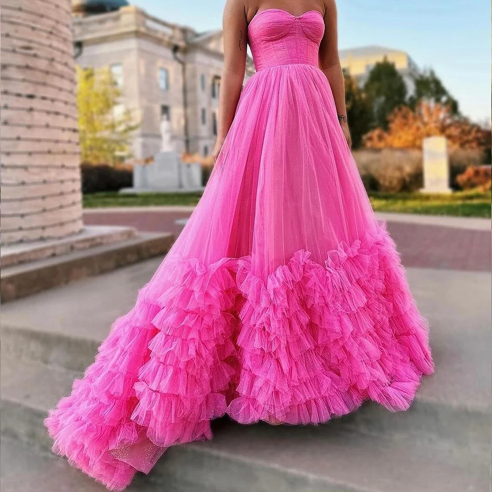 Ruffles Panel Train A-Line High Quality and Temperament  Evening Dresses Custom Size Floor Length Strapless Tulle Sleeveless