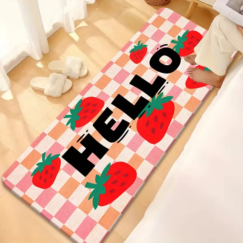 Hello Strawberry Checkered Runner Rug Cute Cartoon Fruit Print Carpet Bedroom Hallway Entryway Kitchen Mat Sweet Home Decor Rug