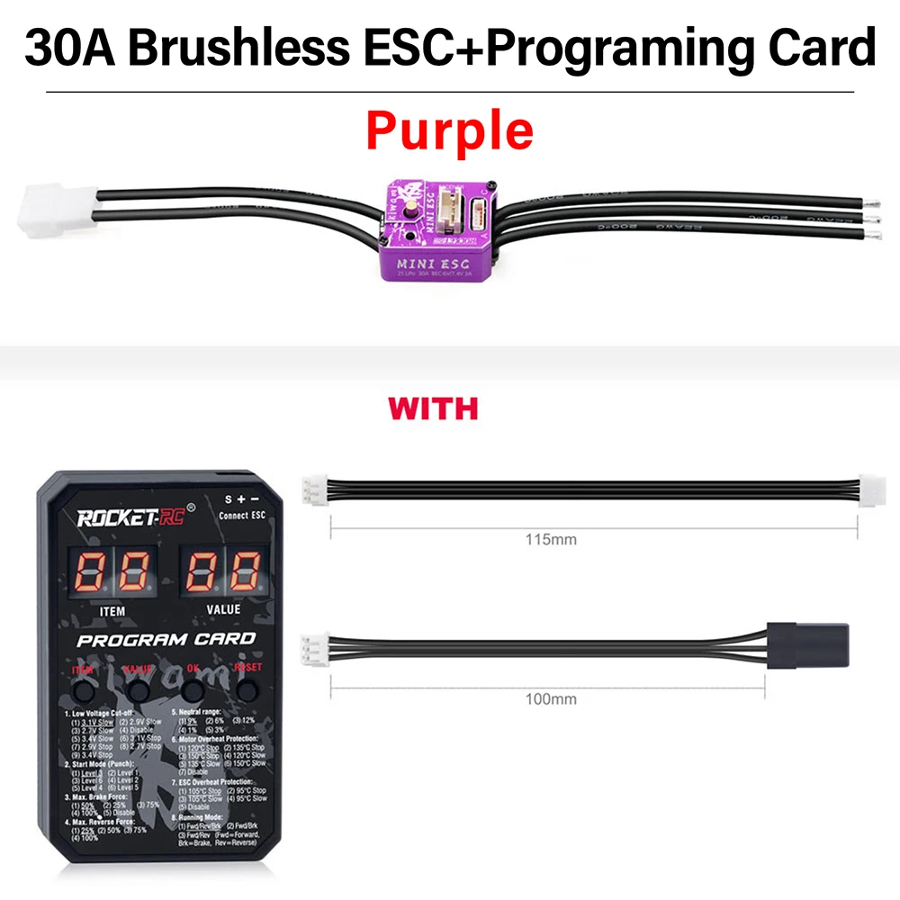 ROCKET-RC 3500KV-6800KV moteur 30A ESC avec carte de programmation LED brosses Combo BEC 3A 6V/7.4V contrôleur de vitesse pour voiture RC 1/18 RC