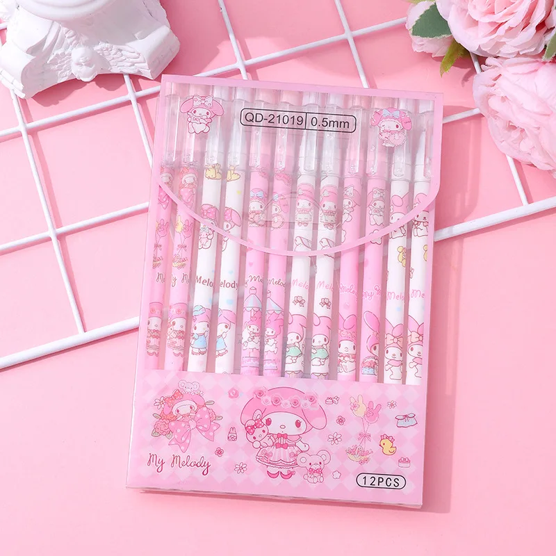 12Pcs Sanrio Erasable Pen Mymelody Kuromi Cinnamoroll Blue Ink Writing Refill Signature Tool Push Button School Office Supplies