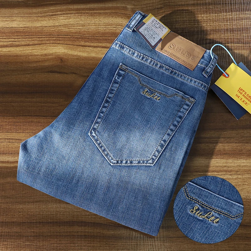 SULEE Jeans dritti da uomo ricamati Business Fashion Pantaloni in denim casual elastici Pantaloni in denim quotidiani a vita media di alta qualità da uomo