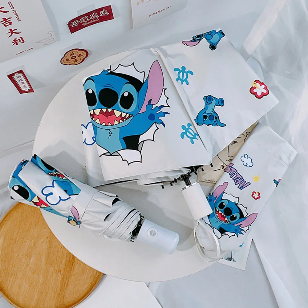 Kawaii Stitch Black Glue Folded Umbrella Portable Three Fold Umbrella UV Resistant Cartoon Umbrella Fashion Parasol For Boy Girl