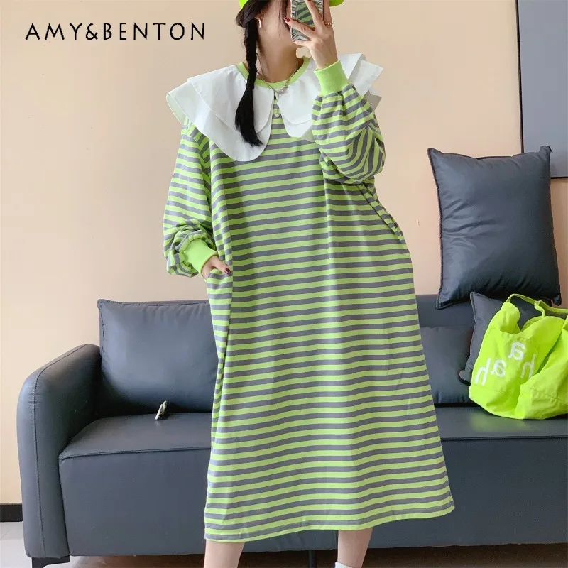 

Loose Long Striped Color-Block Doll Collar Autumn New Fashion Women's Dress Kawaii Clothes Long-sleeves Casual Hoodies Dresses