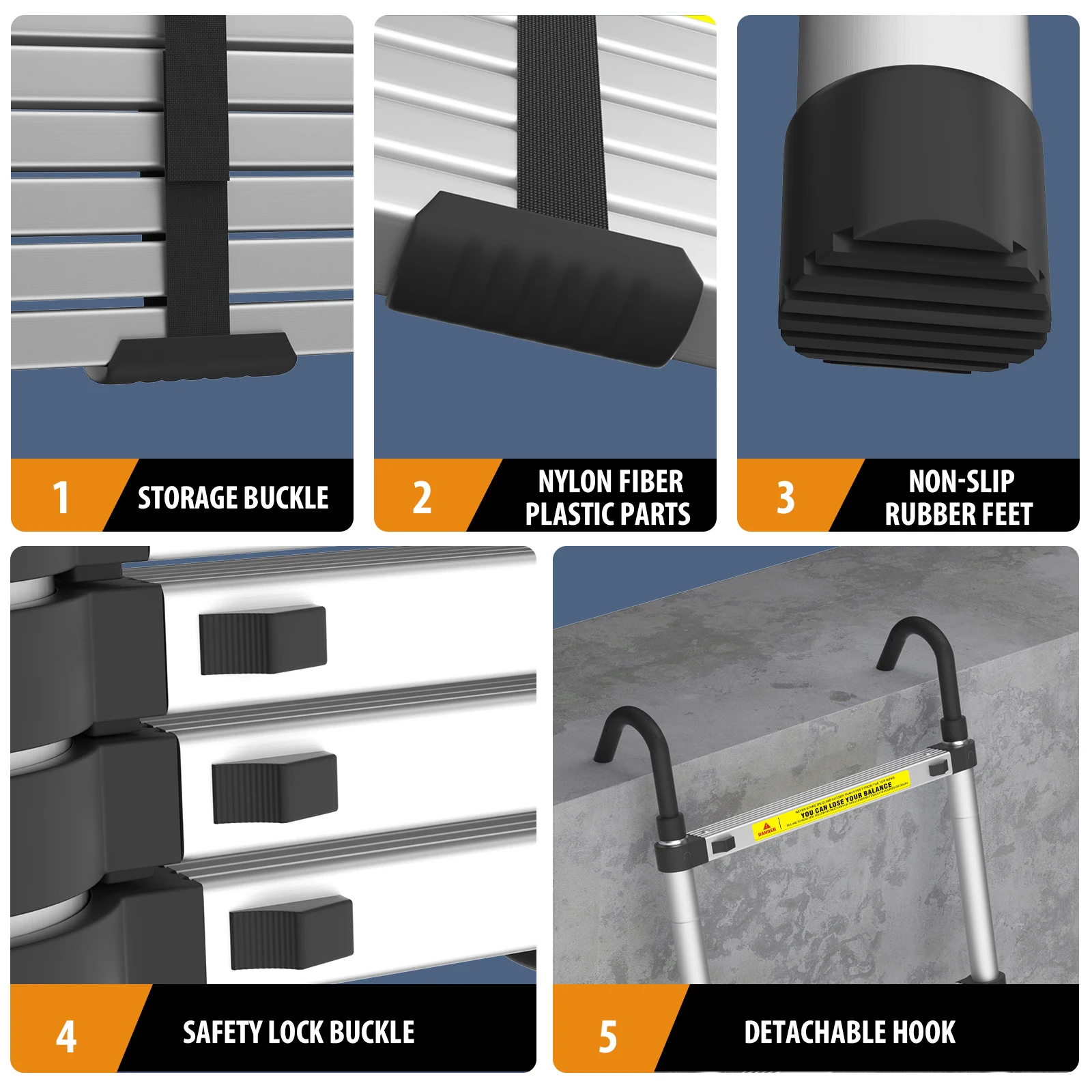 سلم تلسكوبي من الألومنيوم 5 متر/16.4 قدم متعدد الأغراض مع خطافات قابلة للفصل وخطوات قابلة للتمديد، سعة تحميل 150 كجم، بدون زلة